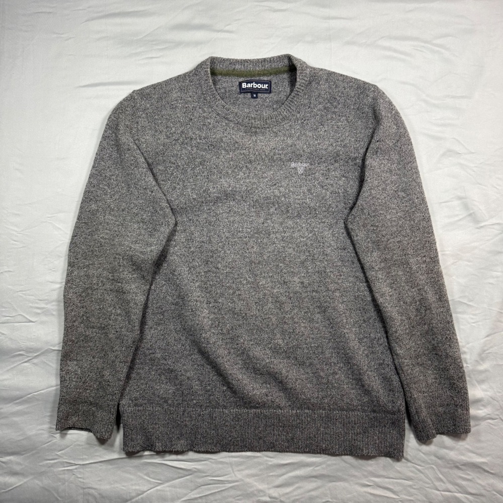 Barbour Tisbury Wool Silk Blend Crew Neck Sweater Mens M Grey Tweed Knit
